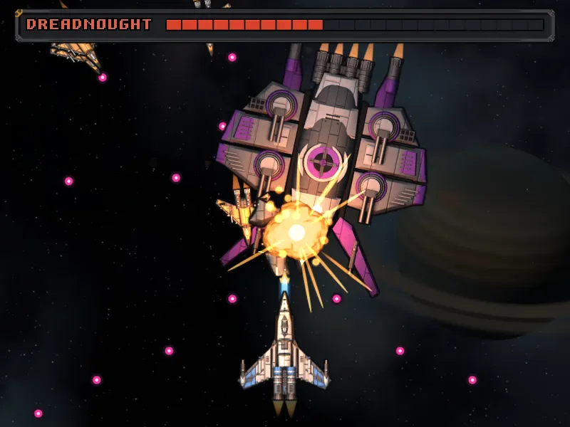The boss in phase two, its DREADNOUGHT bar under half, an escort grunt on its flank and a ringed planet behind