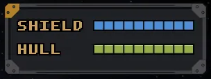 The HUD's SHIELD and HULL bars, both full