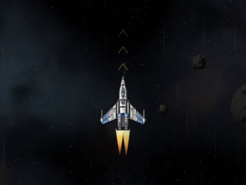 The ship at full forward thrust, three amber chevrons ahead of its nose